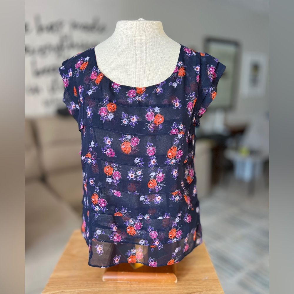NWT M VTG AEO American Eagle Outfitters Navy Floral Blouse Sheer Ruffles Buttons